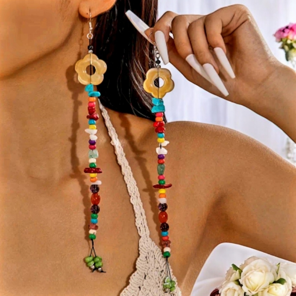 1 Pair Boho-Chic Acrylic Resin Colorful Beaded Tassel Earrings with Flower Charm